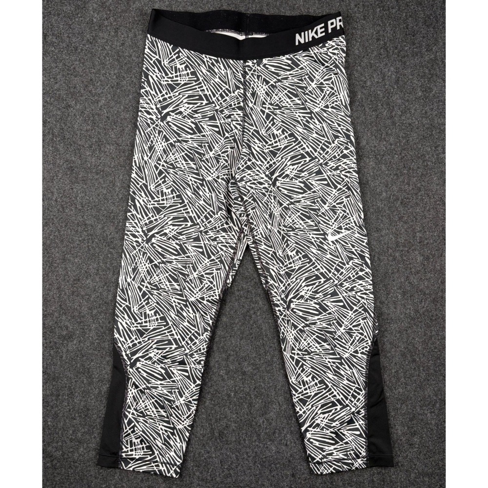 Nike Pro Women L Black White Scribble Graphic Mesh Crop Leggings Training Capris